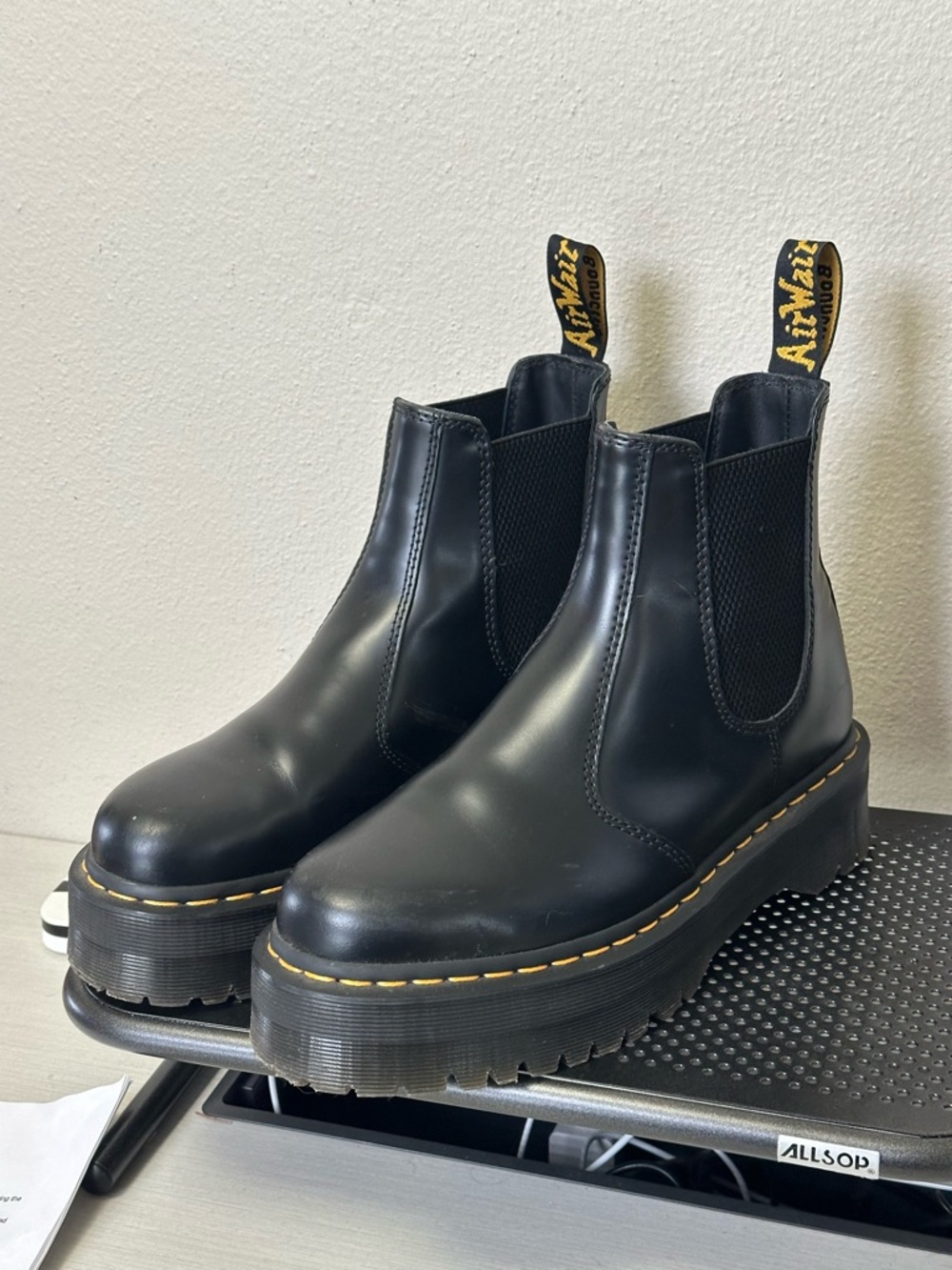 Dr. Martens Black Leather Platform Chelsea Boots with Yellow Stitching